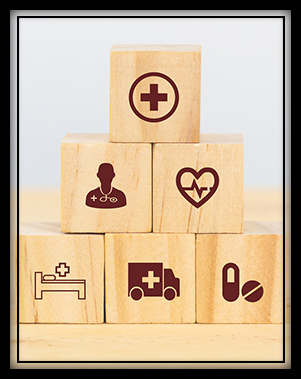 Health and safety symbols on wooden blocks